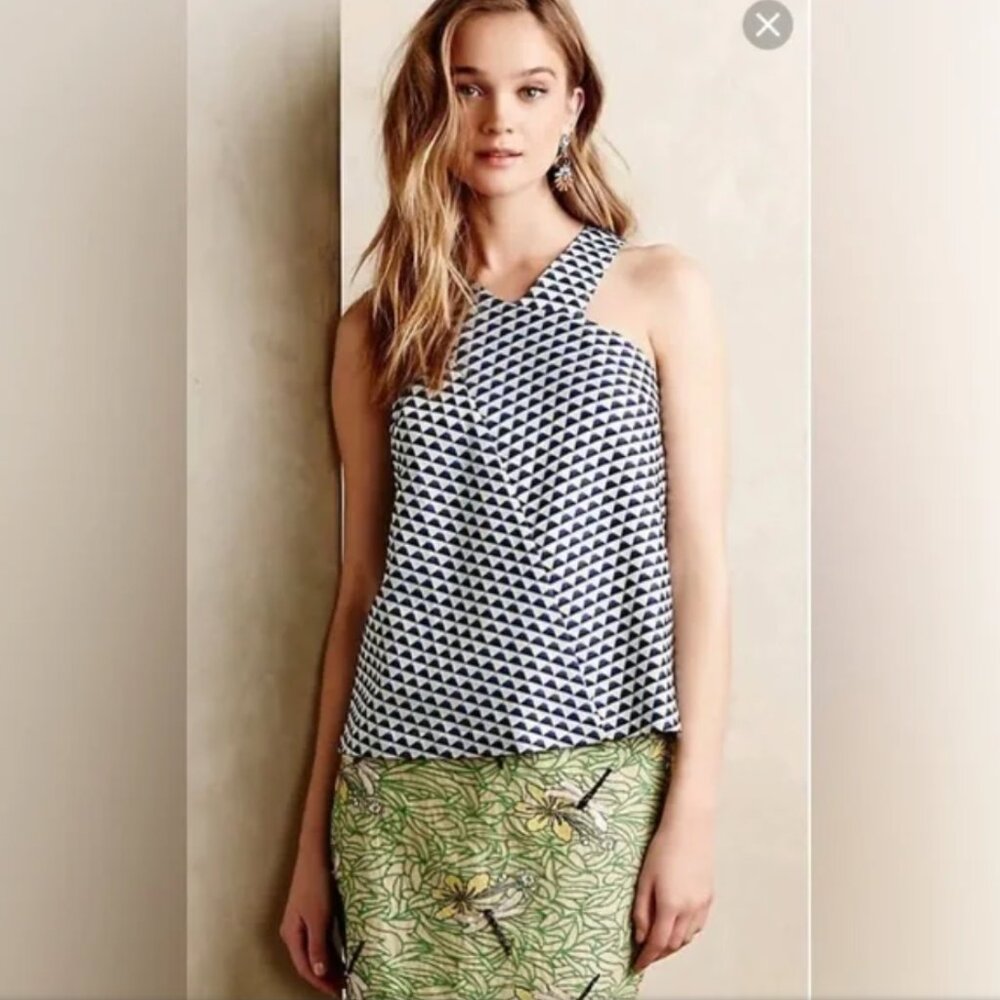 Anthropologie HD Tile Jacquard Halter Geometric Top in Blue - Size 12